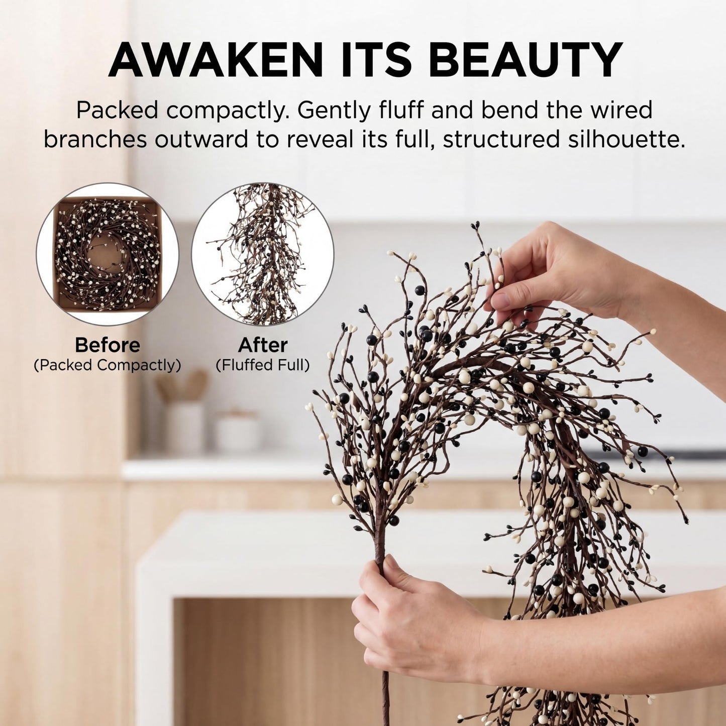Quixem 60 Inch (5FT) Rustic Black and Cream Pip Berry Garland for Fireplace Mantel & Table Runner, Flexible Wired Artificial Vine, Everyday Modern Farmhouse Decor, Precise Size