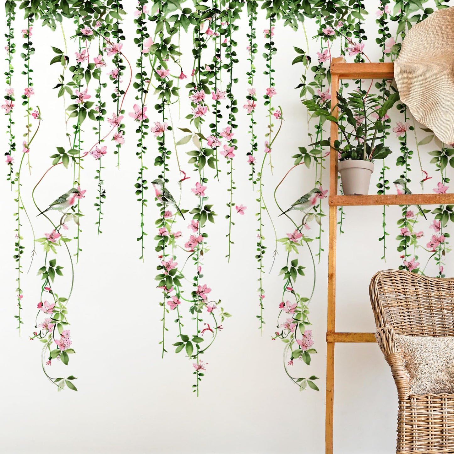 4 Sheets Hanging Vines with Flowers Wall Decals Green Plant Leaves Wall Stickers Pink Cherry Blossom Vine Wall Art Hanging Flower Tree Branches Bird Wall Murals for Kids Bedroom Nursery Decoration 20