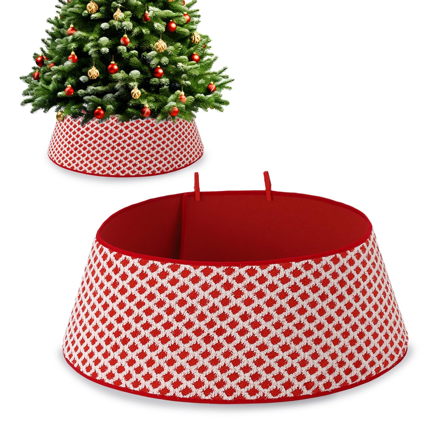 Garvee ﻿33 Inch Christmas Tree Collar Holiday Party Decoration, Diamond-Grid Design Plush Christmas Tree Skirt with 2 Matching Clips, Holiday Home Decor Stand Base Cover, Red