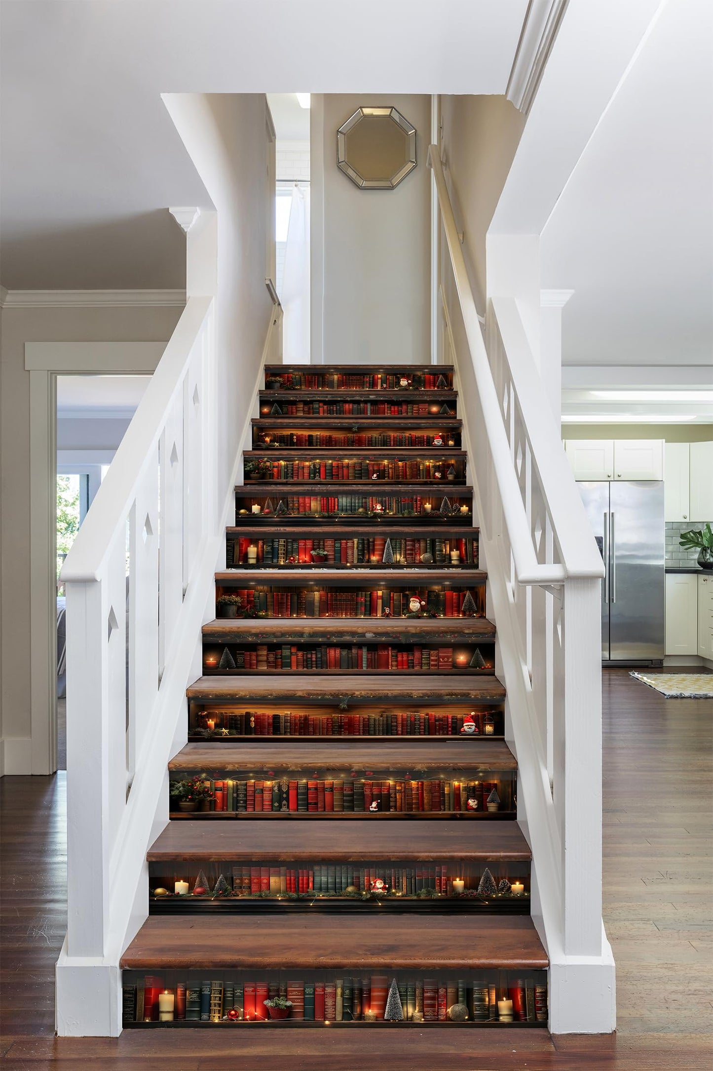 AMAZING WALL Holiday Stair Riser Decals, Bookshelf with Warm Lights, Peel and Stick, Removable, Set of 12, Seasonal Home Decor