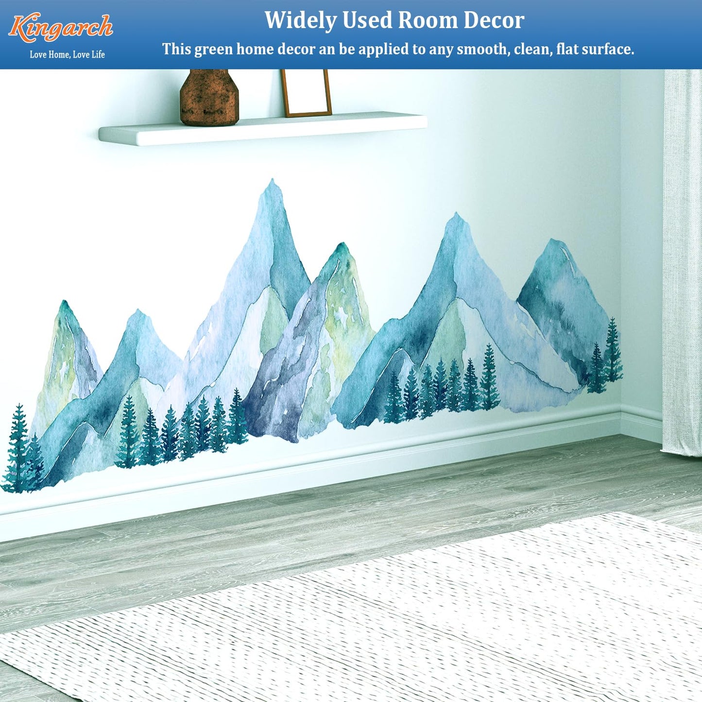Large Mountain Wall Decals, Blue Pine Tree Peel and Stick Vinyl Wall Stickers & Murals, Removable Home Room Wall Decor for Bedroom Living Room Bedroom Classroom Office Nursery
