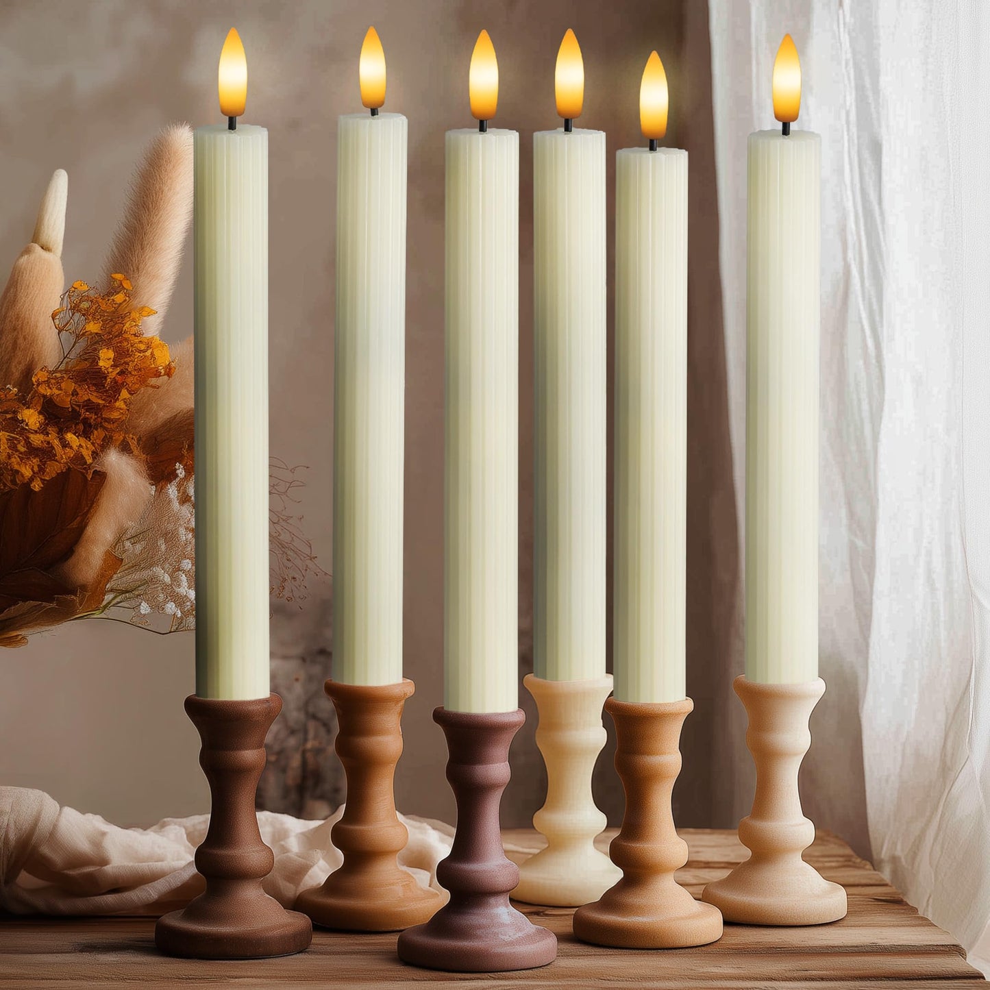 West Ivory 12 Pack, 10" LED Flameless Ivory Fluted Ribbed Grooved Taper Candles with 2 Remotes & 24h Timer Memory, On/Off Button, Dimmable, Flicker Mode, Battery Operated, Christmas Menorah Wedding