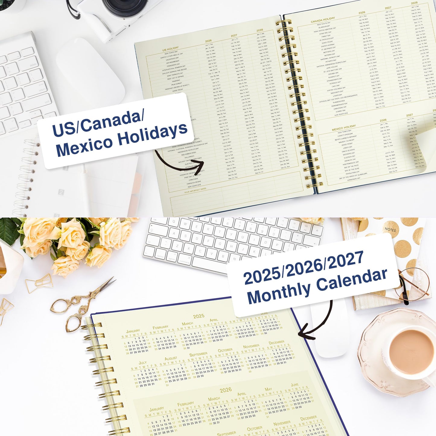 AuroPlanner Undated Daily Planner To Do List Hourly Schedule 2027 2026 2025 Calendar & Holiday Habit Tracker 180 Pages Letter Size 8.5" x 11" Sheets Hardcover Spiral Bound Notebook (Navy Blue)