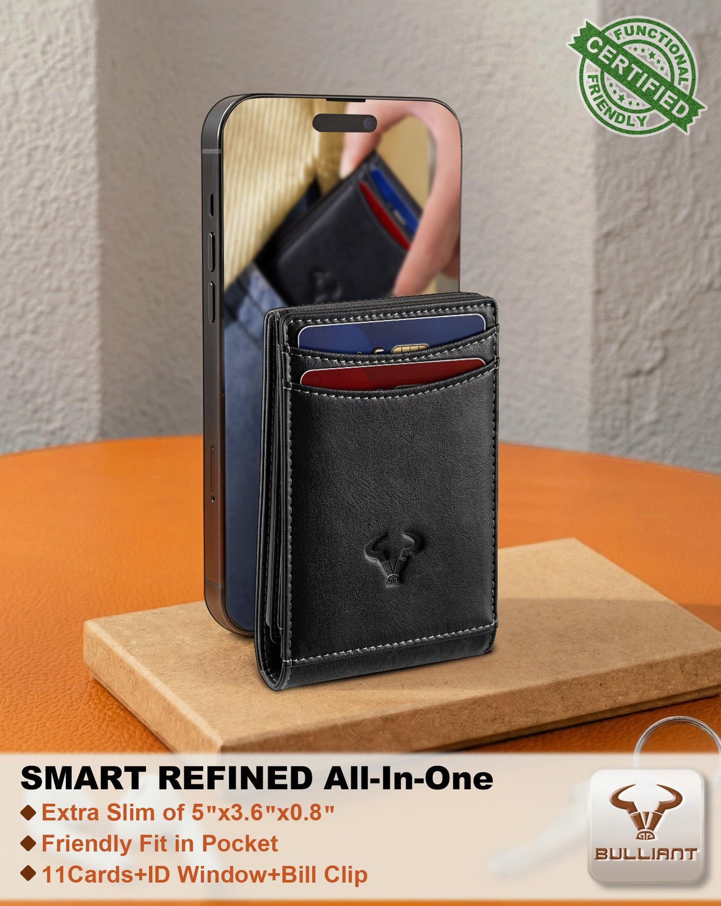 BULLIANT Men Wallet,Magnetic Slim Wallet 10 cards Build-in Bill Folder ID Windows RFID Blocking
