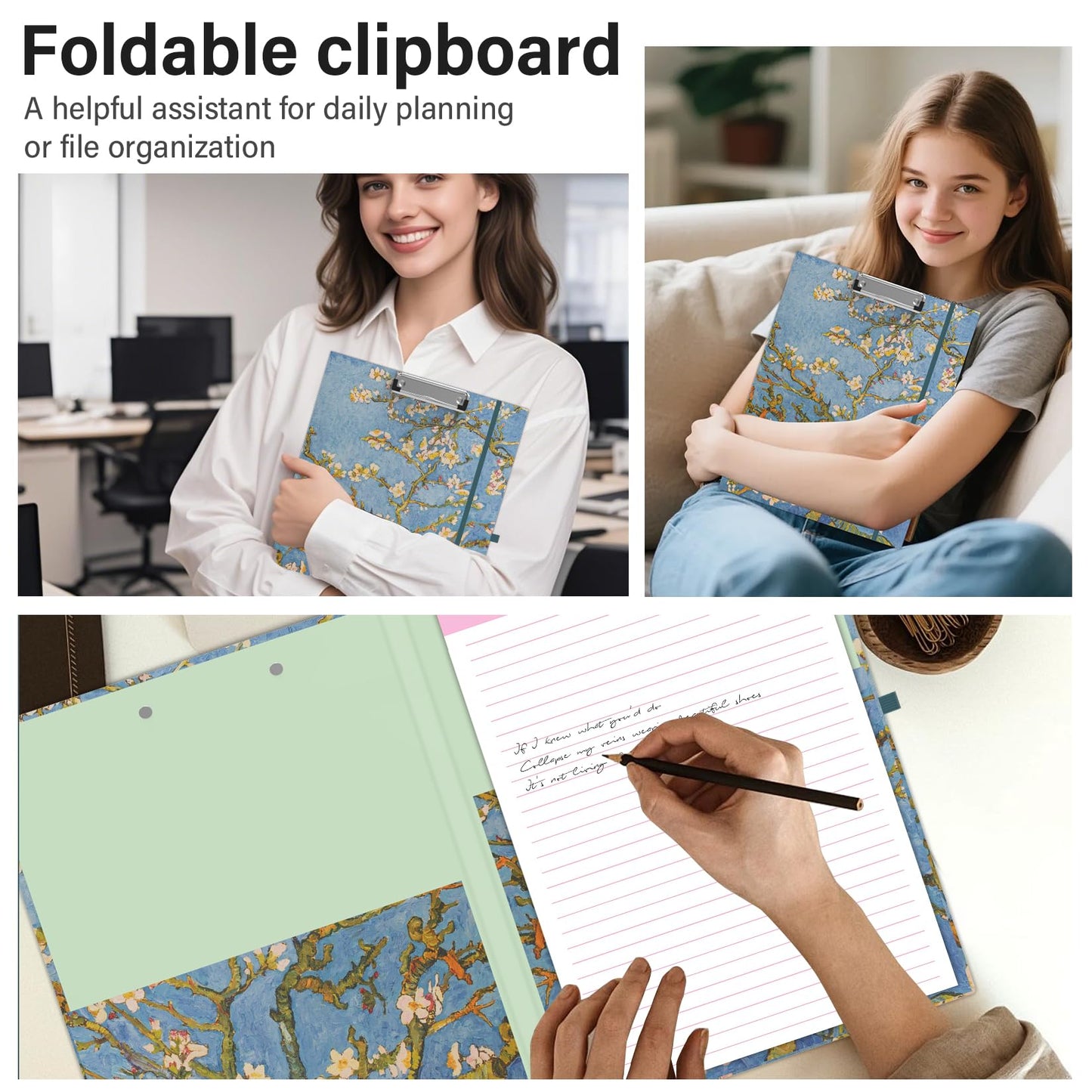 A4 Cute Clipboard Folio with Notepad Clipfolio and Interior Storage, Foldable Nursing Legal Size Clipboards for Work/Kids/Teachers - Almond Tree