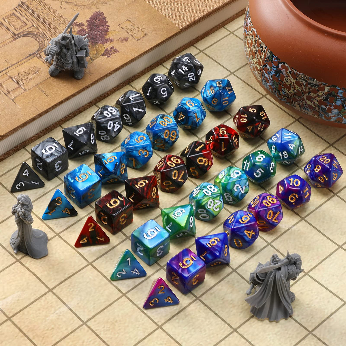 Grajar 35Pcs DND Dice Set with 5 Colorful Animal Patterned Dice Pouches, Polyhedral Dice Sets for Dungeons and Dragons D&D TTRPG MTG Table Role Playing Games