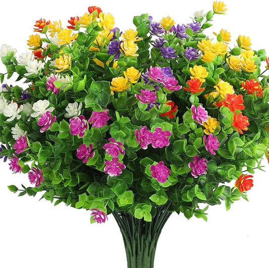 10 Bundles Artificial Flowers, Outdoor Gypsophila Baby's Breath Fake Flowers, UV Resistant Faux Greenery Shrubs Hanging Plants for Home Wedding Garden Porch Window Decoration (Round Leaves)