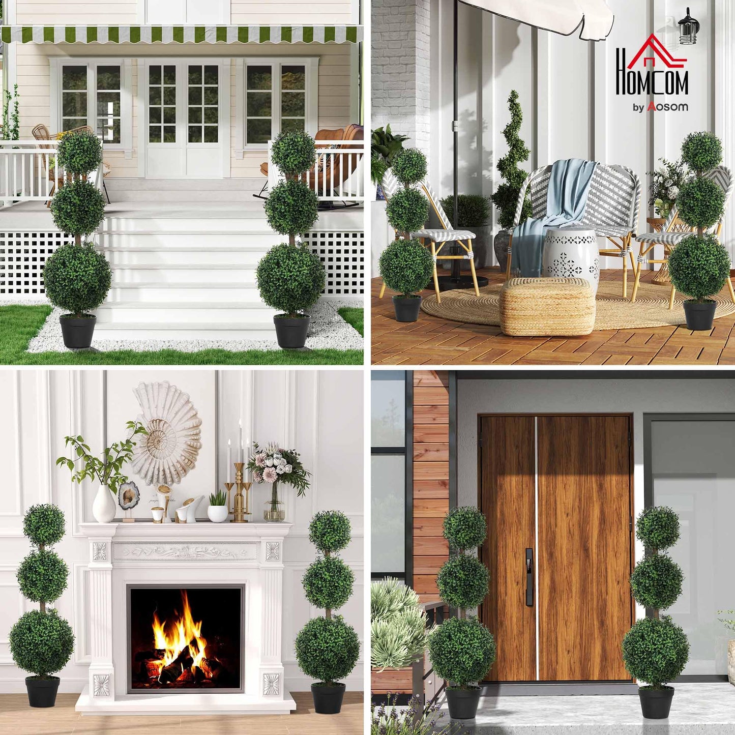 HOMCOM Artificial Plants Topiary Ball-Shaped Boxwood Trees in Pot Set of 2 Fake Plants for Home Indoor Outdoor Front Porch Decor, 40 Inch, Green