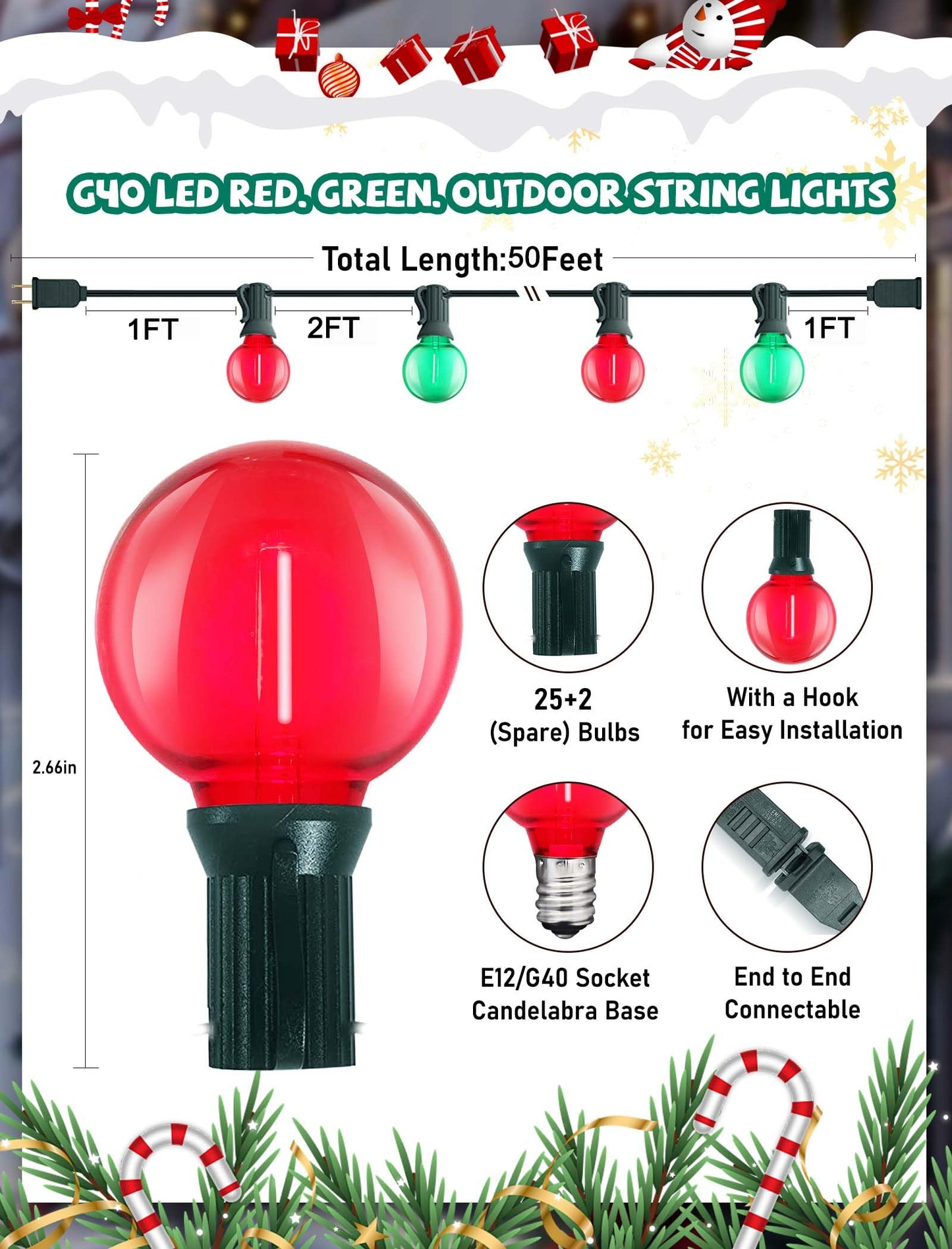 Romasaty G40 LED Christmas String Lights, 50FT Christmas G40 String Lights with 27 Shatterproof LED Clear Red Green Bulbs, Xmas Outdoor Decoration Lights for Patio Backyard Roofline Garden Yard