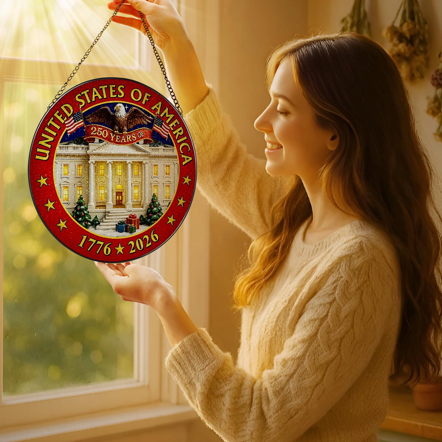 250 Years of America Stained Glass Suncatcher, Stained Glass Window Hanging & Decor, 1776-2026 US 250th Anniversary Ornament, Patriotic Ornament, American Independence Day Gift, July 4 Decor