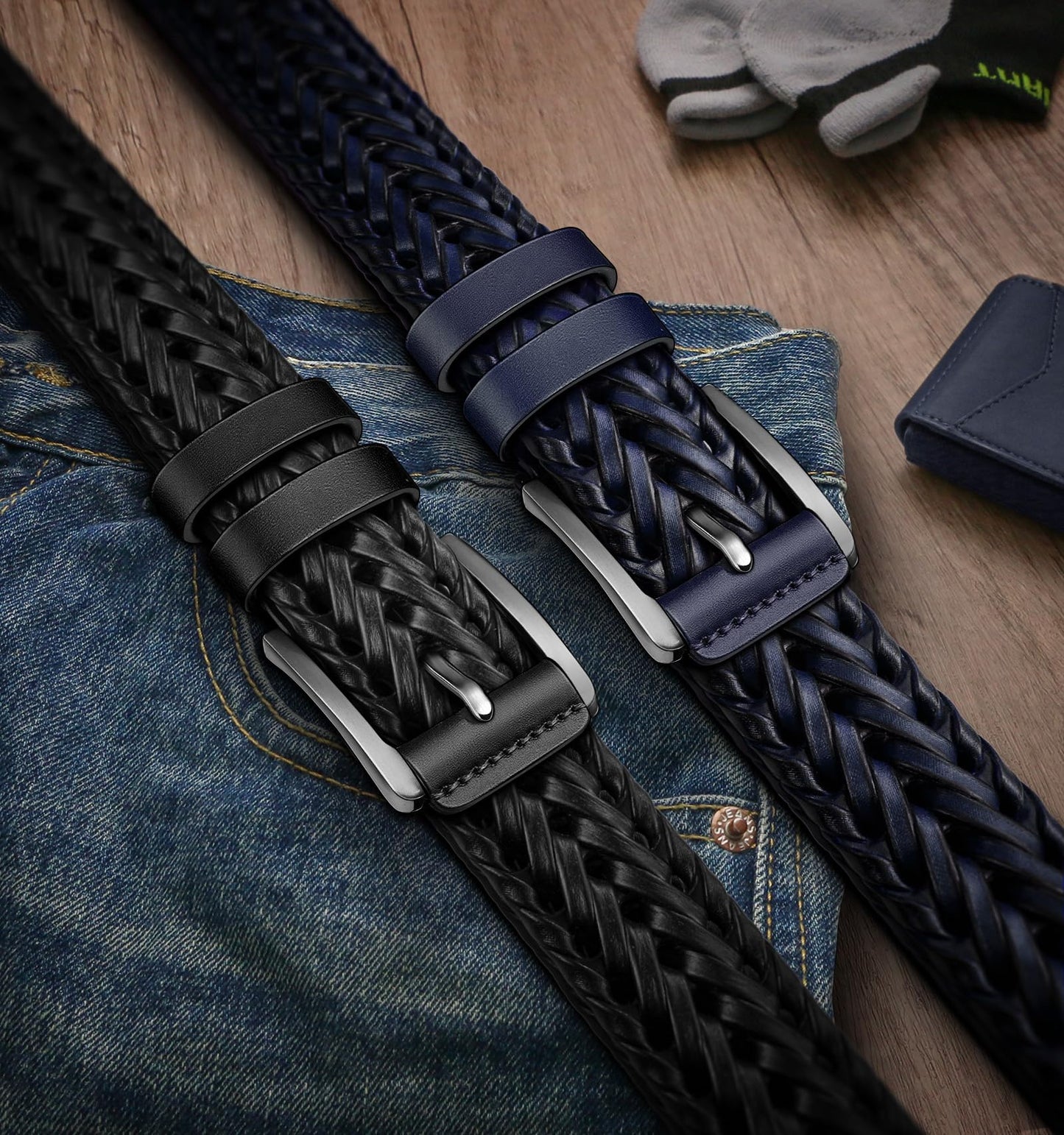 BULLIANT Men Belt, Braided Leather Belt Adjustable For Men Casual Jeans Golf 1 3/8"(Black/Blue,26"-30" Waist Adjustable)