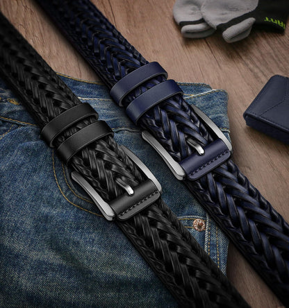 BULLIANT Men Belt, Braided Leather Belt Adjustable For Men Casual Jeans Golf 1 3/8"(Black/Blue,26"-30" Waist Adjustable)