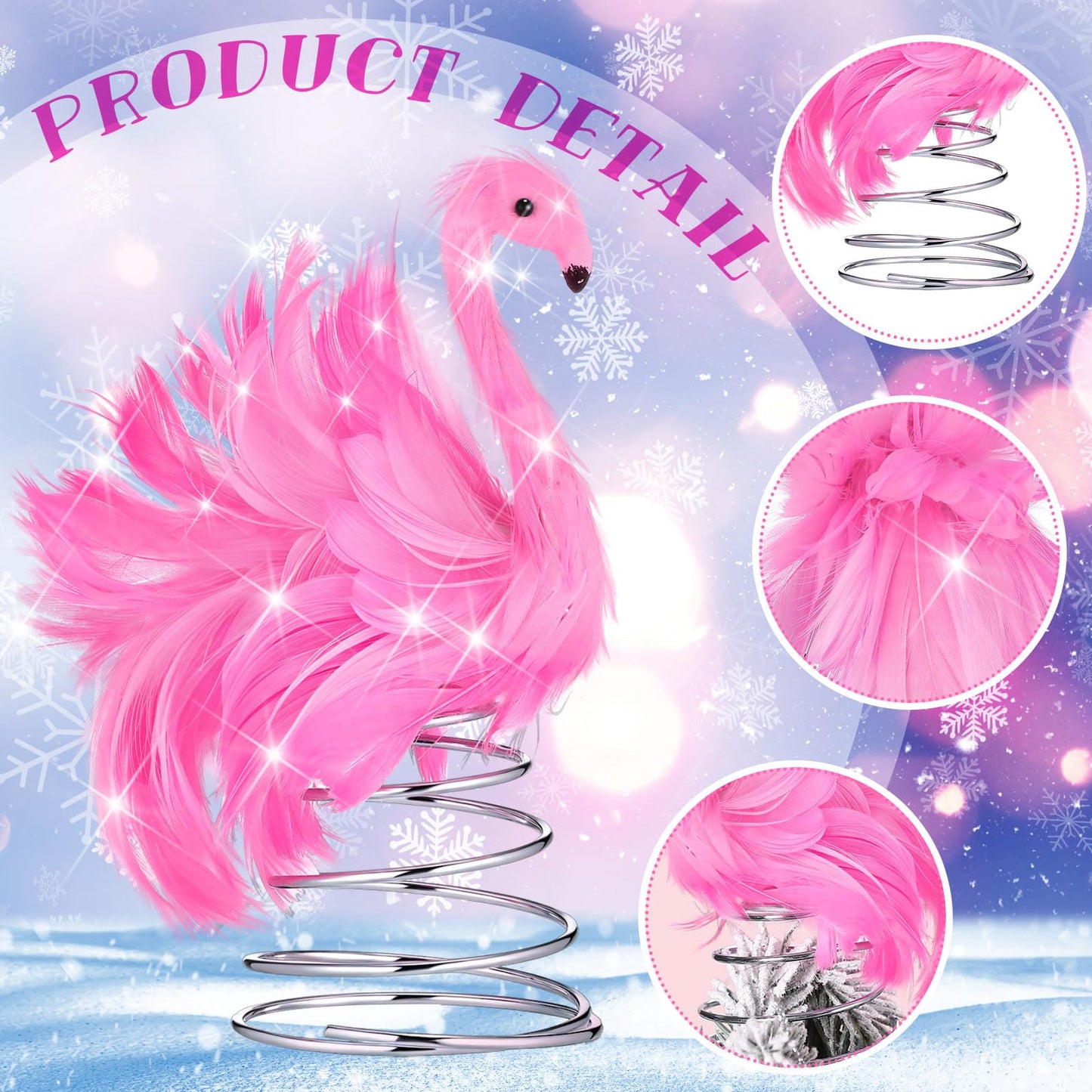 Gejoy 4 Inch Summer Pink Flamingo Mini Tree Topper with Artificial Fluffy Feather LED String Lights Light up Pink Flamingo Tropical Decorations for Small Christmas Tree Ornament Holiday Party Decor