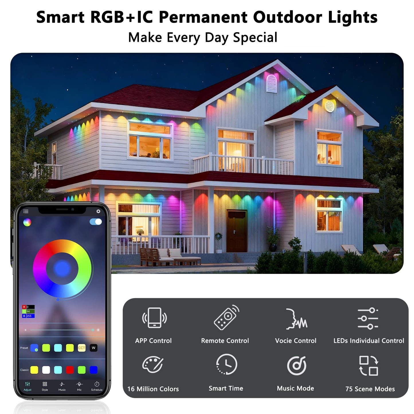 Permanent Outdoor Lights, 100ft with 60 RGB+IC LED Lights for House, 75 Scene Modes, IP68 Waterproof Eave lights Compatible with Alexa, Google Assistant for Halloween, Christmas, Outdoor Daily Decor