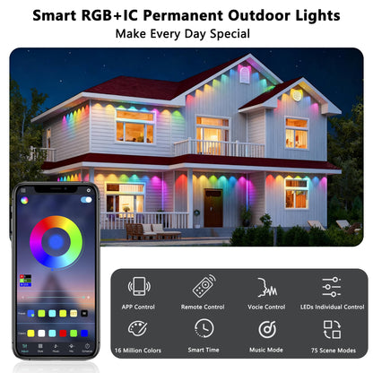 Permanent Outdoor Lights Pro, 100ft with 60 RGB+IC LED Lights for House, 75 Scene Modes,IP68 Waterproof Eave lights Compatible with Alexa, Google Assistant for Halloween Christmas Outdoor Daily Decor