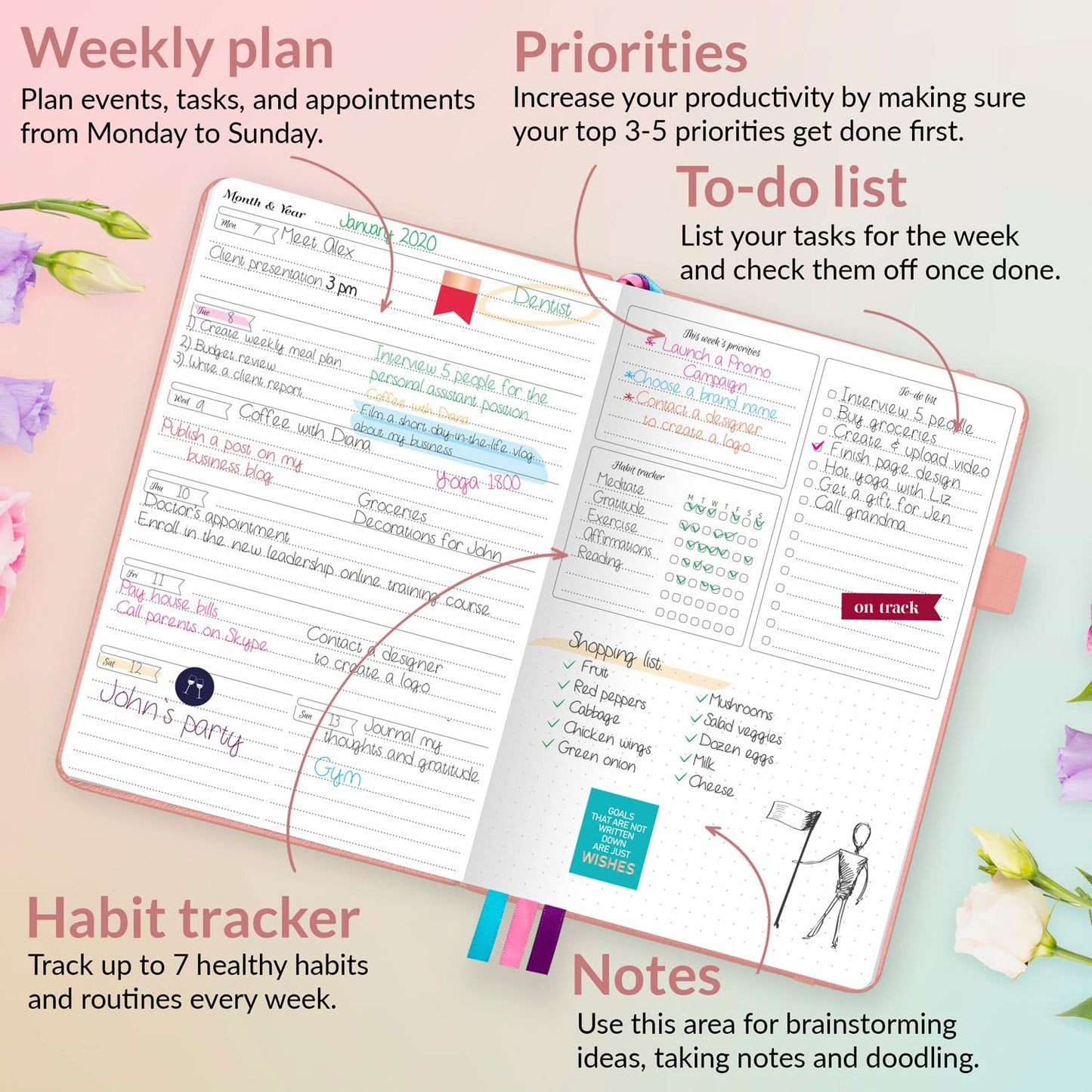 GoGirl Planner and Organizer for Women – A5 Size Weekly Planner, Goals Journal & Agenda to Improve Time Management, Productivity & Live Happier. Undated – Start Anytime, Lasts 1 Year – Peach Pink