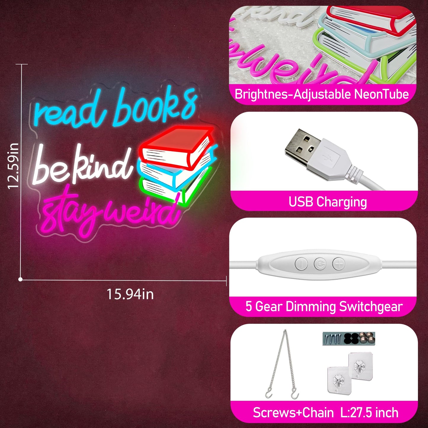 Read Books Be Kind Stay Weird Neon Sign Dimmable LED USB Powered Neon Light UP for Classroom Wall Decor Art Positive Bedroom Library Study Room Home for Student Kid Teen Birthday Party Christmas Backdrop Decoration Gift (Reaing Books)