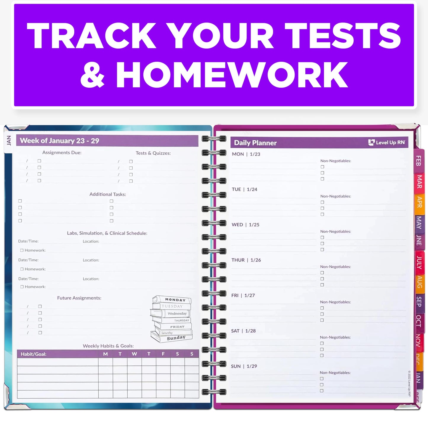 Nursing School Study Planner - Nursing Student Gifts - Spring 26/Fall 26 Calendar Year - Dates Start January 1st 2026 through January 31st 2027