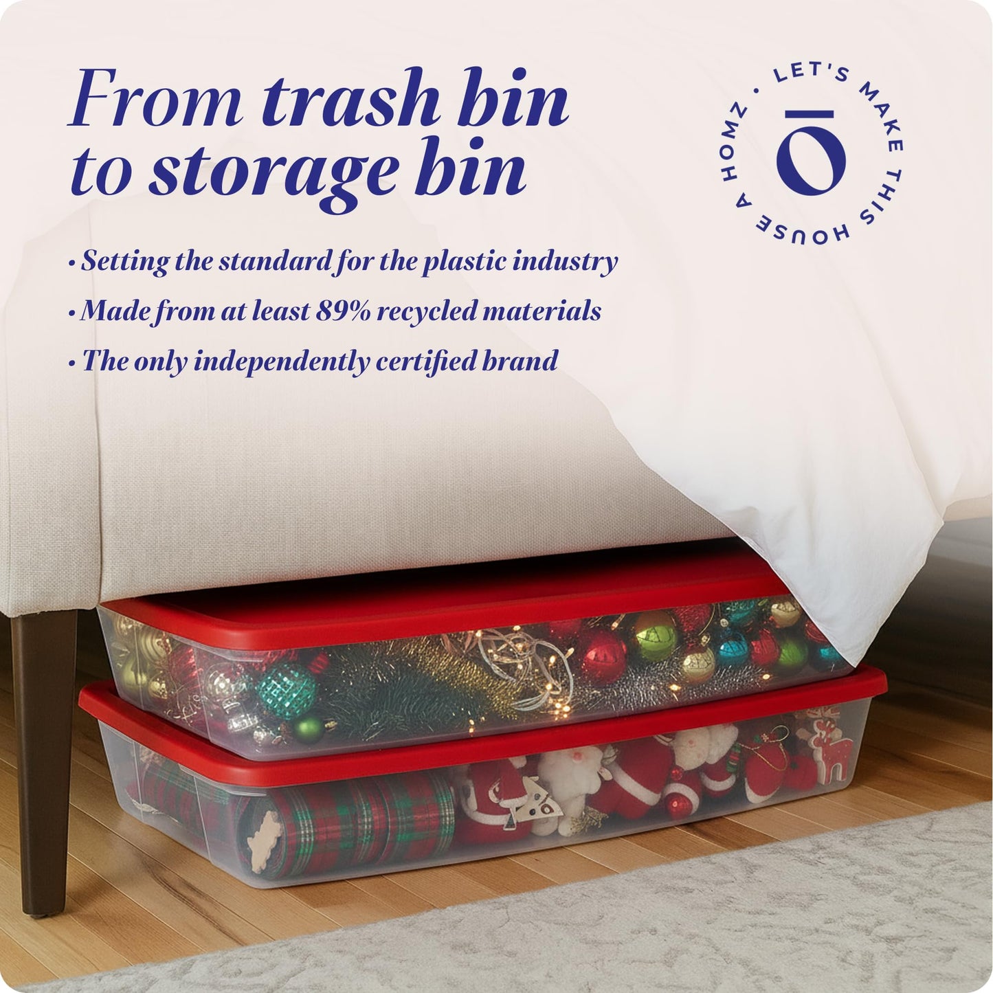 HOMZ 2-Pack Holiday Tote, Clear Plastic Storage Organizer Bins with Lids, 41 Quart, Red - Stackable Organizing Containers for Christmas Ornament Decorations, Gift Wraps, and Crafts