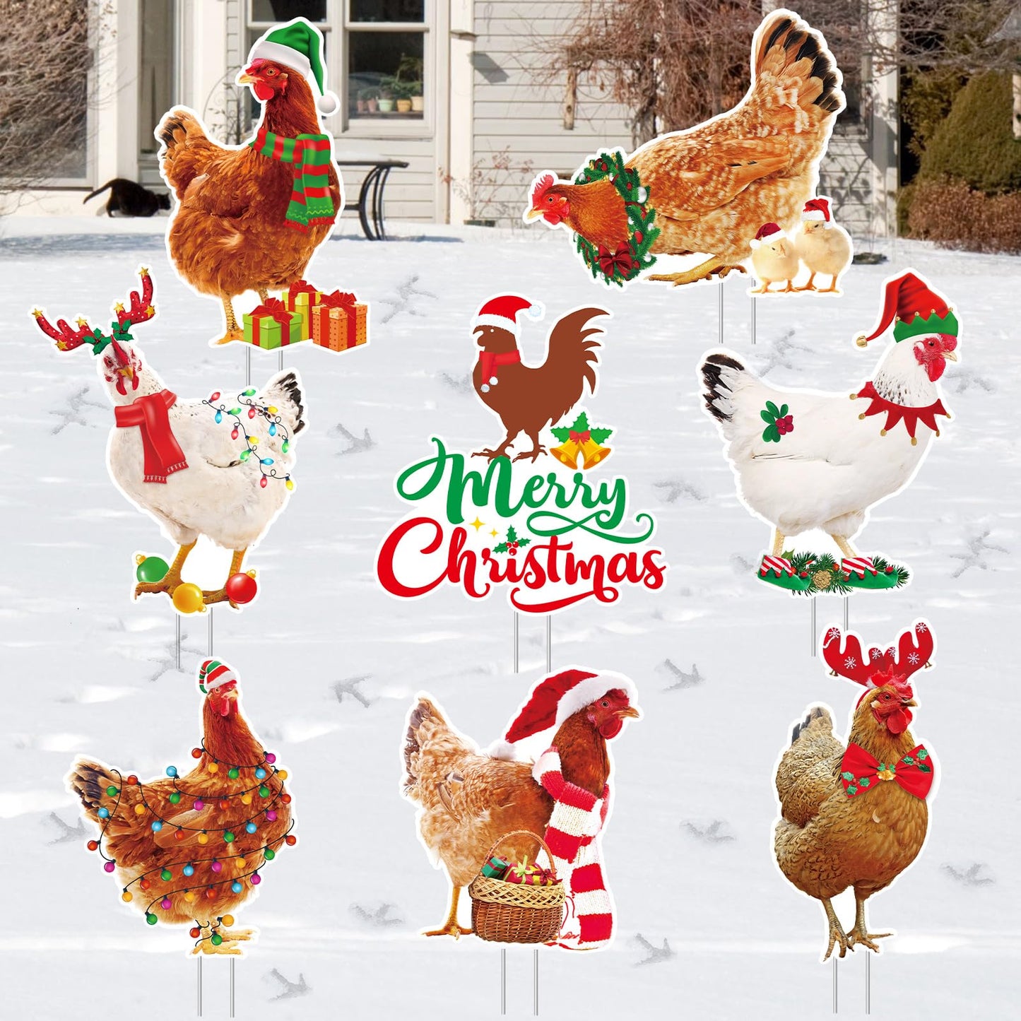 Suzile 8 Pcs Chicken Christmas Yard Signs with Stakes Merry Lawn Sign Pet Theme Christmas Yard Stakes Xmas Outdoor Lawn Decor Waterproof Decorations for Holiday Garden Patio