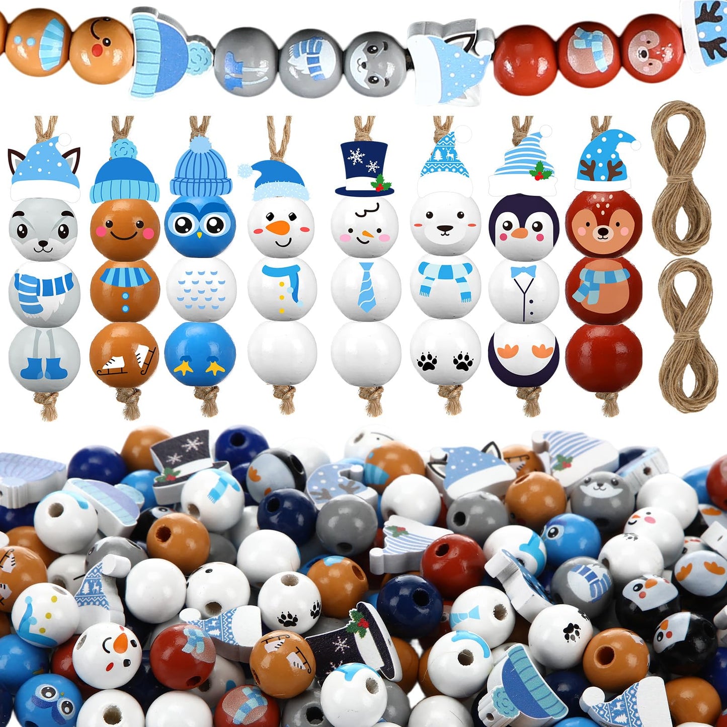 Geelin 300 Pcs Christmas Wood Beads with Twine - Santa Gingerbread Snowman Winter Animals Wooden Round Bead for Hanging Ornaments DIY Crafts Garland Holiday Tree Decor(Winter Animals)