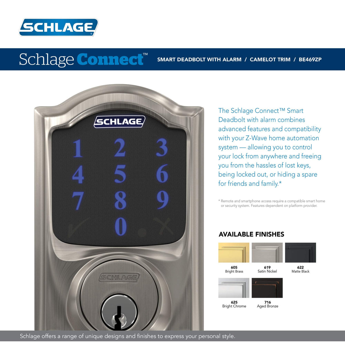 SCHLAGE Connect Camelot Touchscreen Deadbolt Smart Lock w/ Alarm (Aged Bronze)