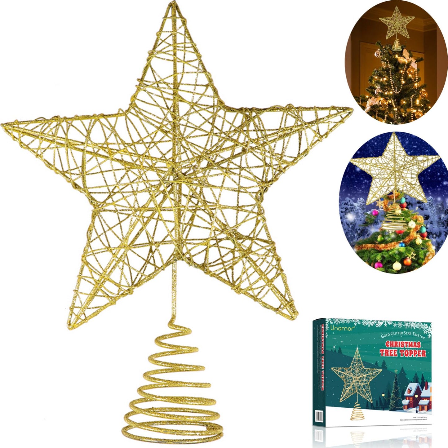 Unomor 10 Inch Christmas Star Tree Toppers – Gold Glittered Metal Hallow Design Tree Topper Star for 6ft to 7ft Christmas