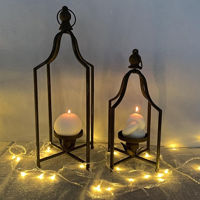 12.5" & 16.5" Timeless Cozy Decorative Lanterns Set of 2, Handcrafted Metal Iron Candle Holders, Farmhouse Elegance Fireplace Mantel Table Festive Gatherings Decor