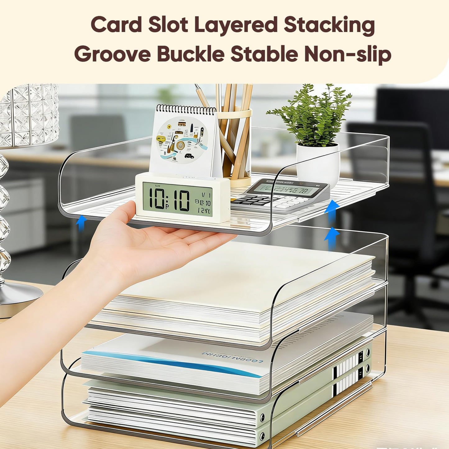 HIYOHIYO Office Acrylic Clear A4 Paper Organizer for Desk, Stackable Office Desk Paper Organizer, Large Capacity Desktop Papers Tray Holder, Organizer for A4 File Folder, 4 Tier Vertical Style