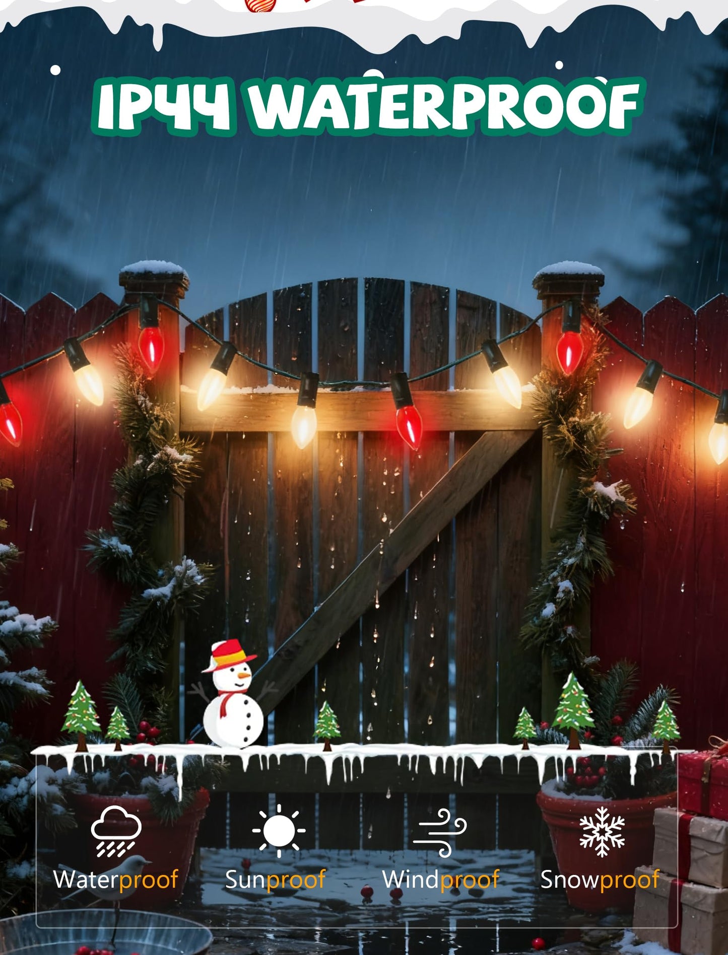 C7 Red and Frosted White Christmas Lights Outdoor, 26Ft Christmas Decorations String Lights with 27 LED Bulbs, Hanging Patio Lights Waterproof for Roofline House Garden Party Xmas Decor, Green Wire
