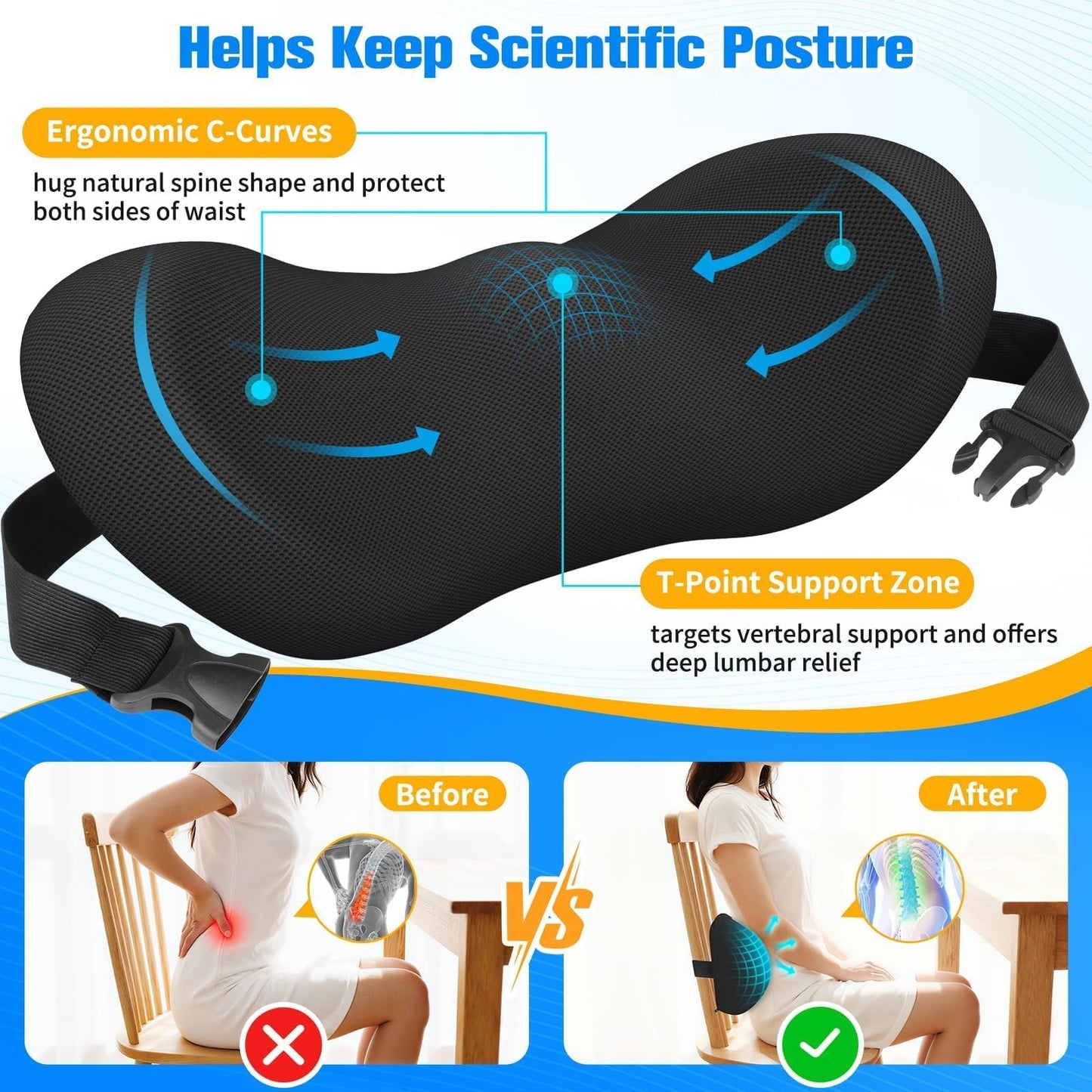 SweetSlubr Lumbar Support Pillow for Office Chair - Memory Foam Lumbar Pillow with Detachable Strap & Breathable Cover, Ergonomic Back Support for Office Chair, Car Seat Cushion, Bed Rest (Black)