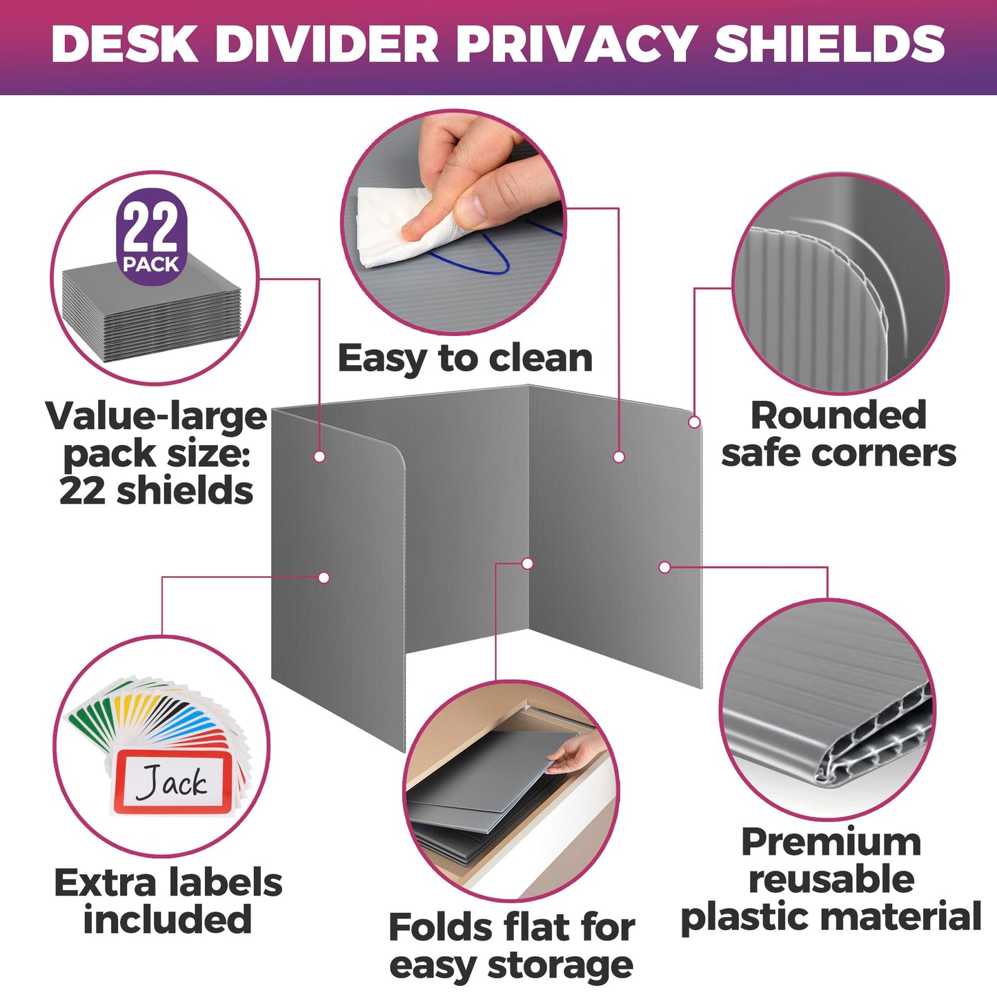 22-Pack Desk Dividers for Students - Waterproof & Durable Plastic Privacy Shield Divider, Classroom Folders Teacher Supplies, Easy-to-Clean Plastic Study Carrel Folder Boards for Student Desks, Grey