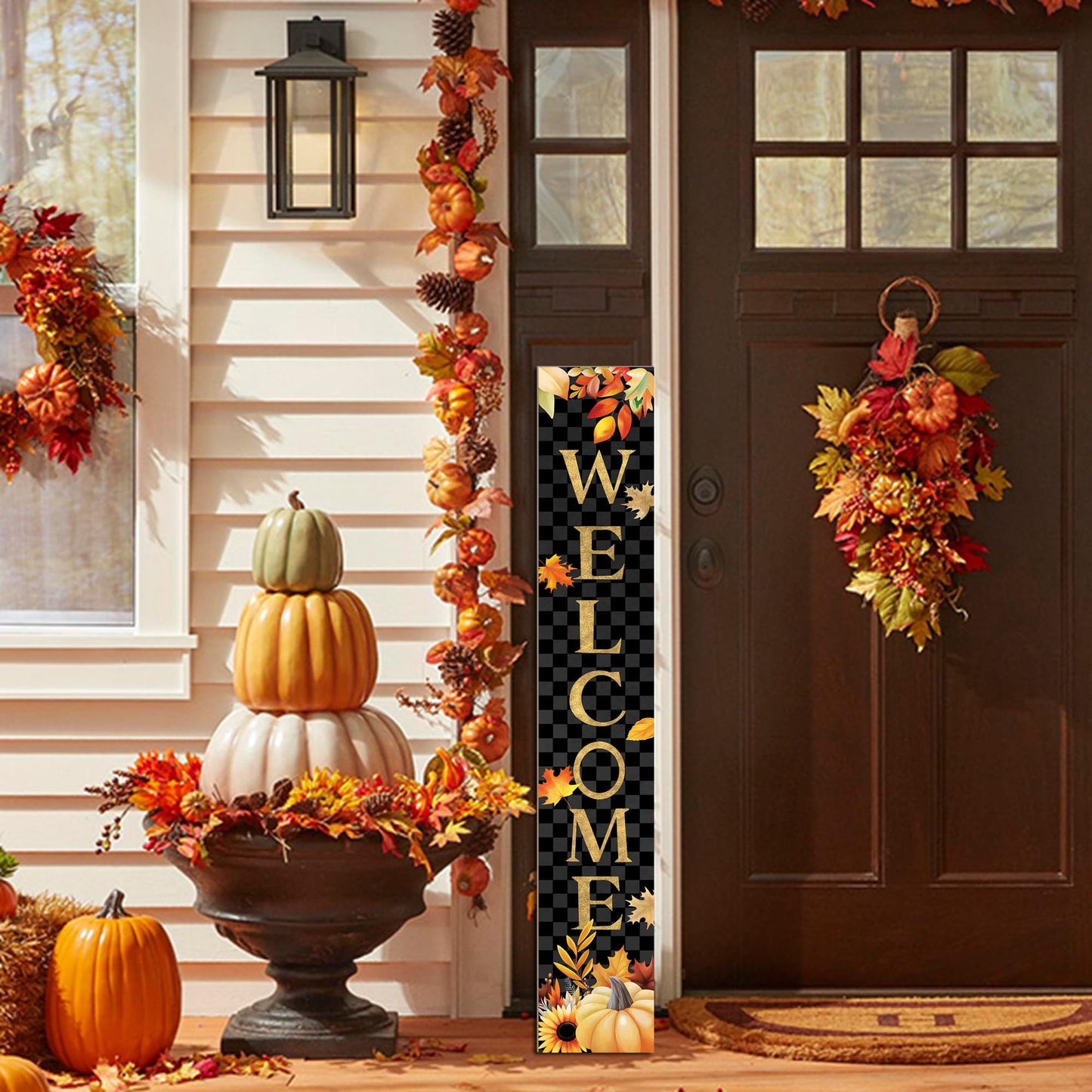 Fall Wooden Porch Sign 47" Autumn Pumpkin Maple Leaf Front Door Welcome Sign Vertical Standing Sign For Garden Home Yard Farmhouse Thanksgiving Decor