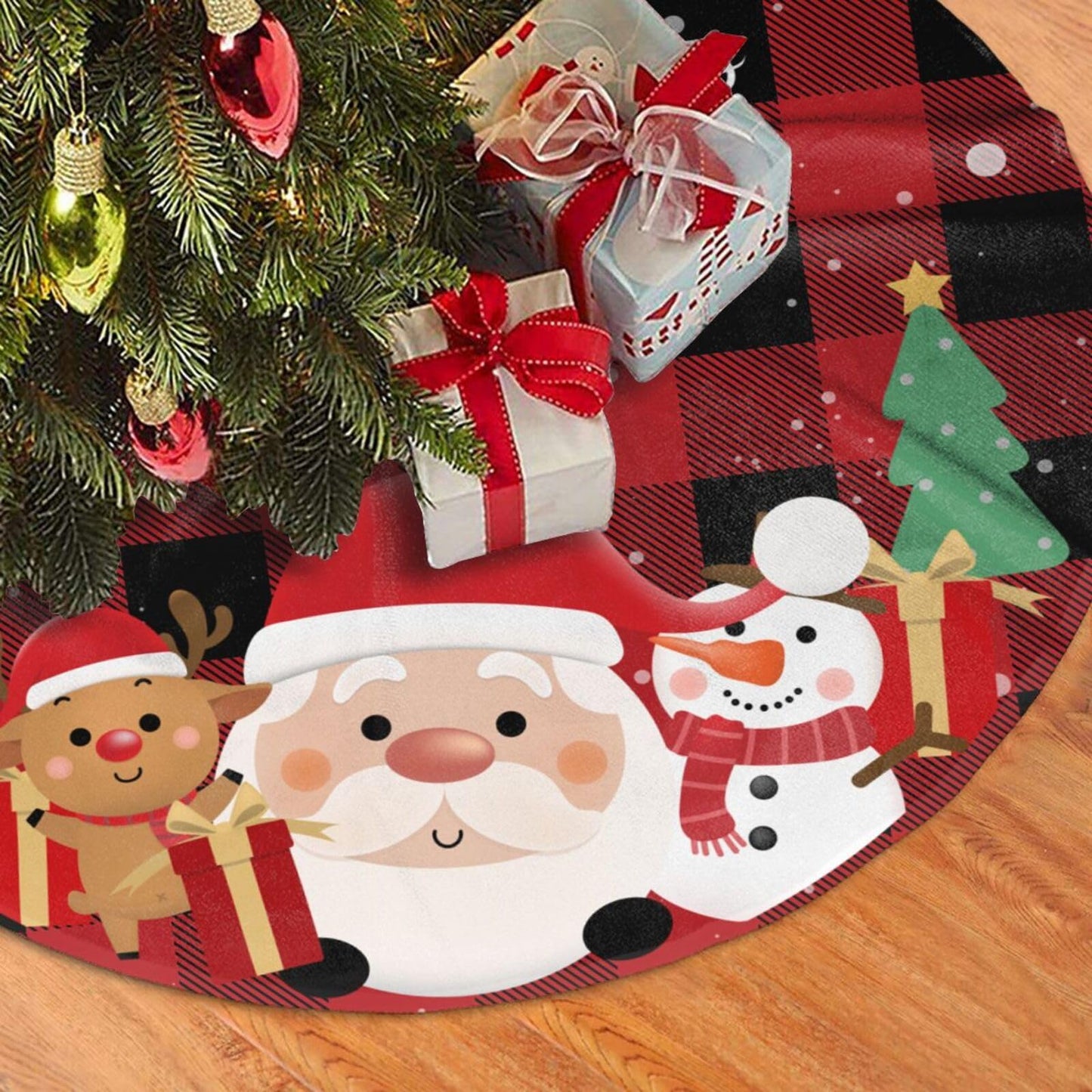 Buffalo Plaid Santa Claus Deer Snowman Christmas Tree Skirt 48" Xmas Tree Mat for Christmas Decorations Holiday Ornaments