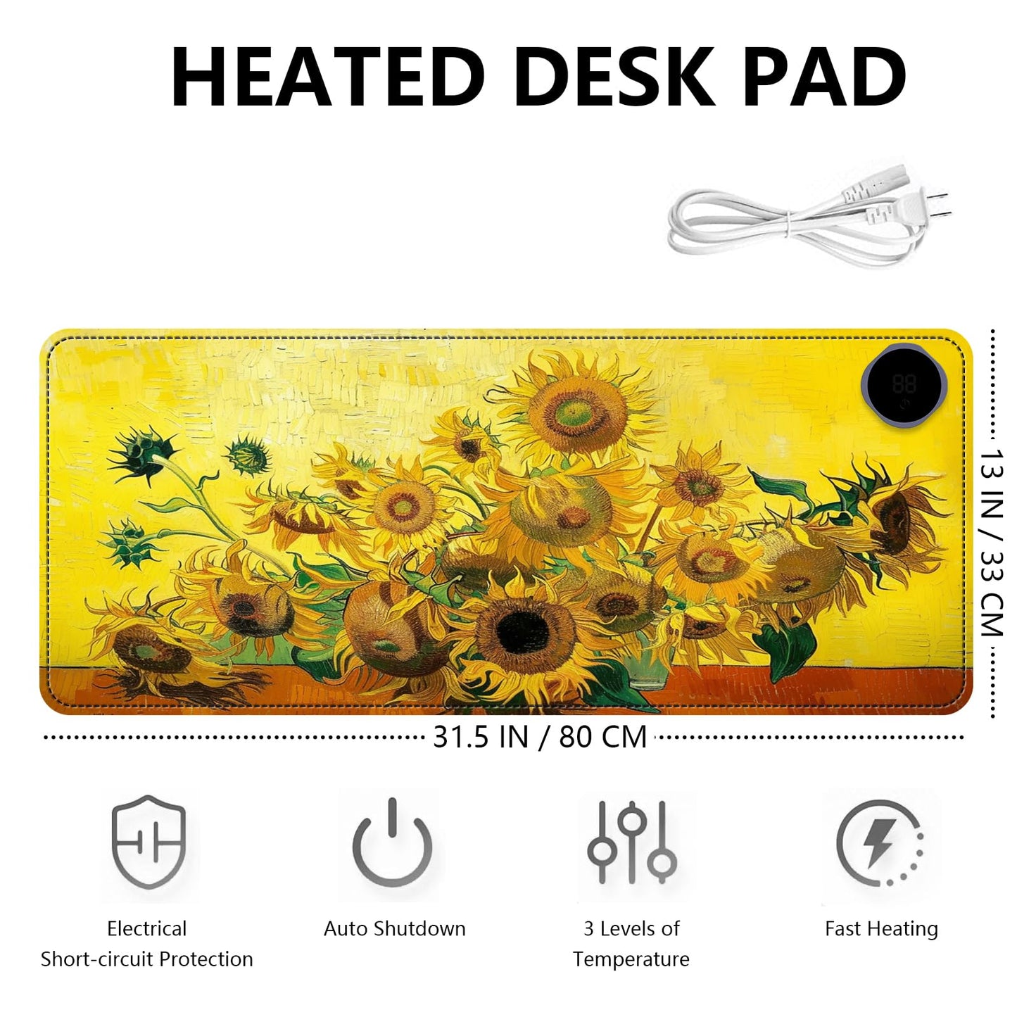 Heated Mouse Pad with 3 Levels Heated & 3 Hours Auto Shut-Off Mouse Pad for Warming Hands in Office Home, 31.5" x 13"Large Safe Desk Mat Hand Warmer，Sunflowers