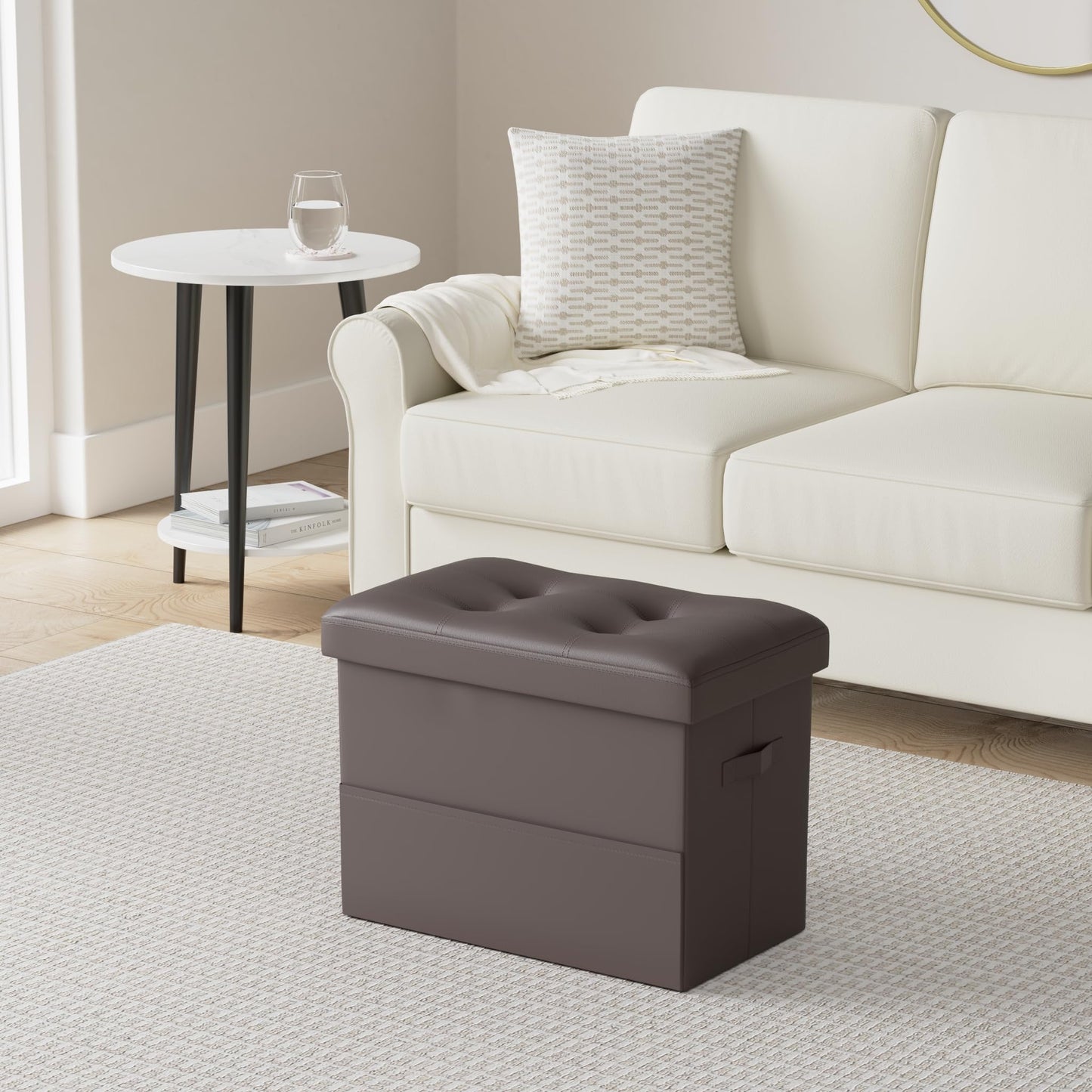 BelugaHelper Storage Ottoman Foot Rest Stool, Foldable Leather Footstool Storage Bench with Thicker Foam Padded Seat. Foot Rest Under Desk for Living Room Bedroom 350 lbs, 17x13x13 in, Brown