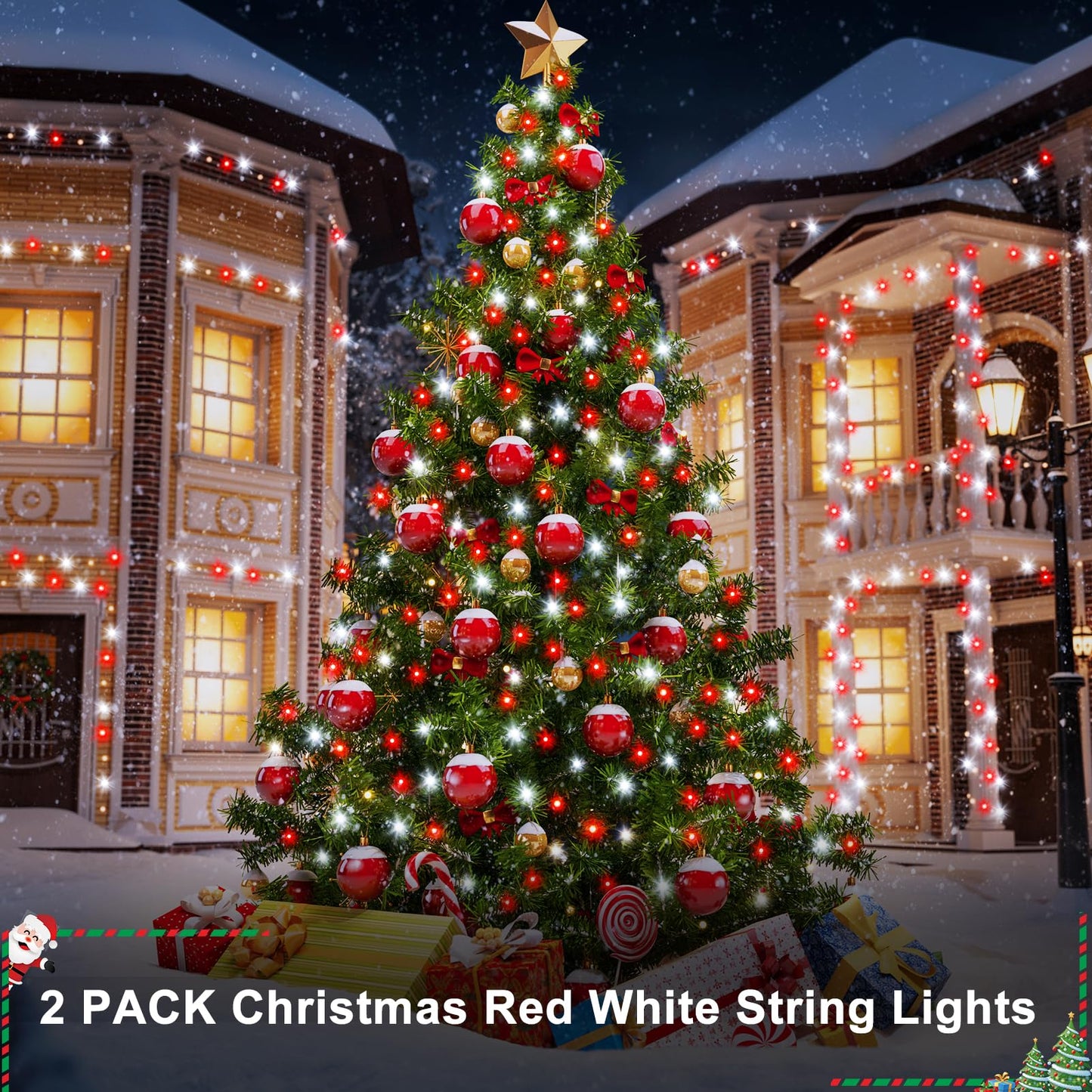 DBFAIRY 2PACK Red White Battery Christmas String Lights 32.8Ft 100LEDs, Battery Operated Wreath String Lights 8 Modes with Remote Timer Christmas Decoration for Tree Patio Garden Yard