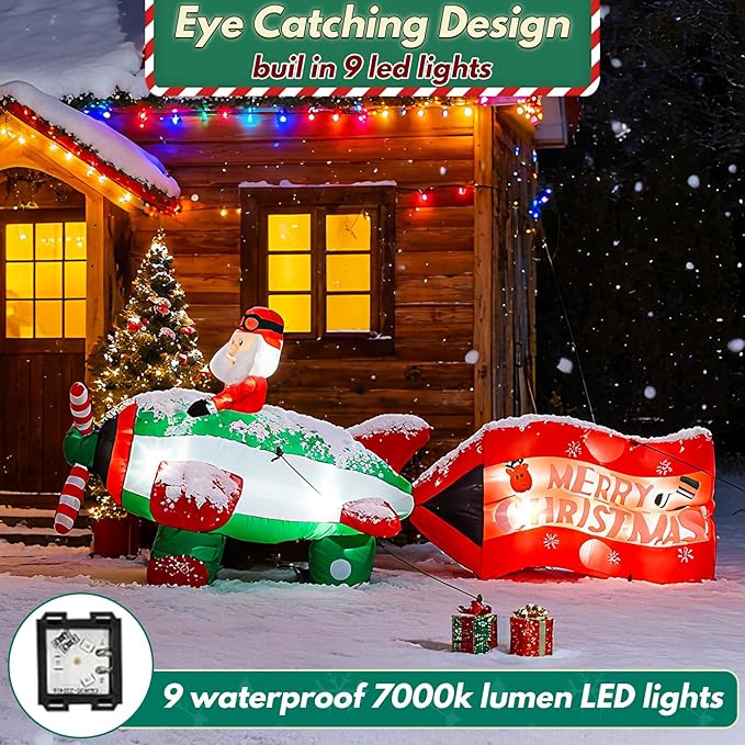 10.5FT Christmas Inflatables Santa on Airplane with Rotating Propeller & LED Lights, Blow Up Outdoor Indoor Decor for Christmas Yard Garden Party