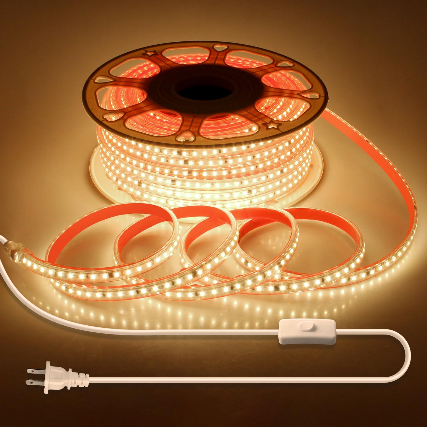 Samsion Outdoor LED Strip Lights Waterproof 100FT Self-Adhesive Warm White AC 110V-120V LED Rope Light with Switch Plug in SMD 2835 120LED/M Ultra Bright for Christmas Home Indoor Outdoor Decor IP67