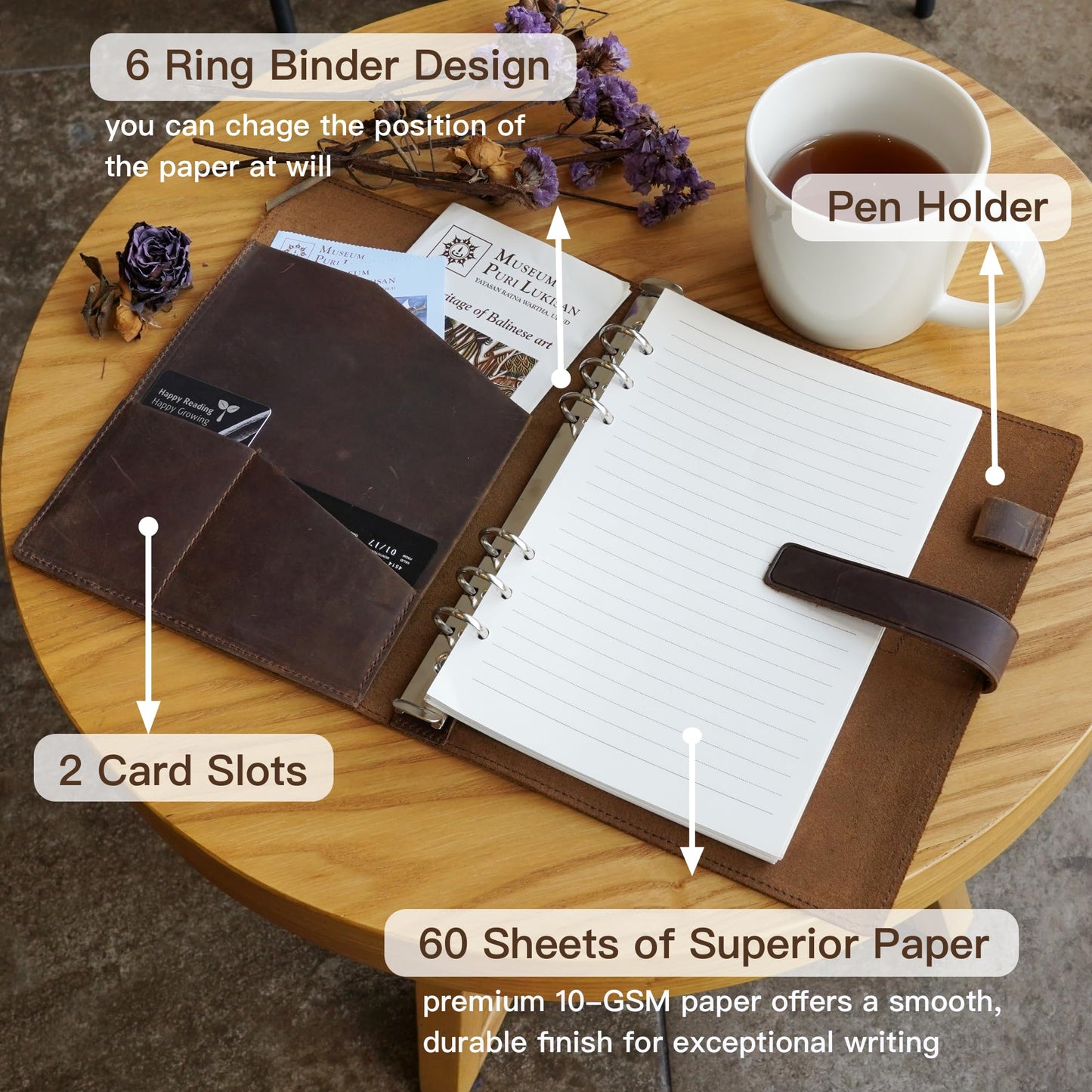 Adeerus Refillable A5 Leather Binder Notebook 6-Ring, Reusable Genuine Leather Journal, Vintage Planner, 120 Pages Lined Paper & Pocket, for Writers Business Work Study College and Daily, 6.9”x 9”