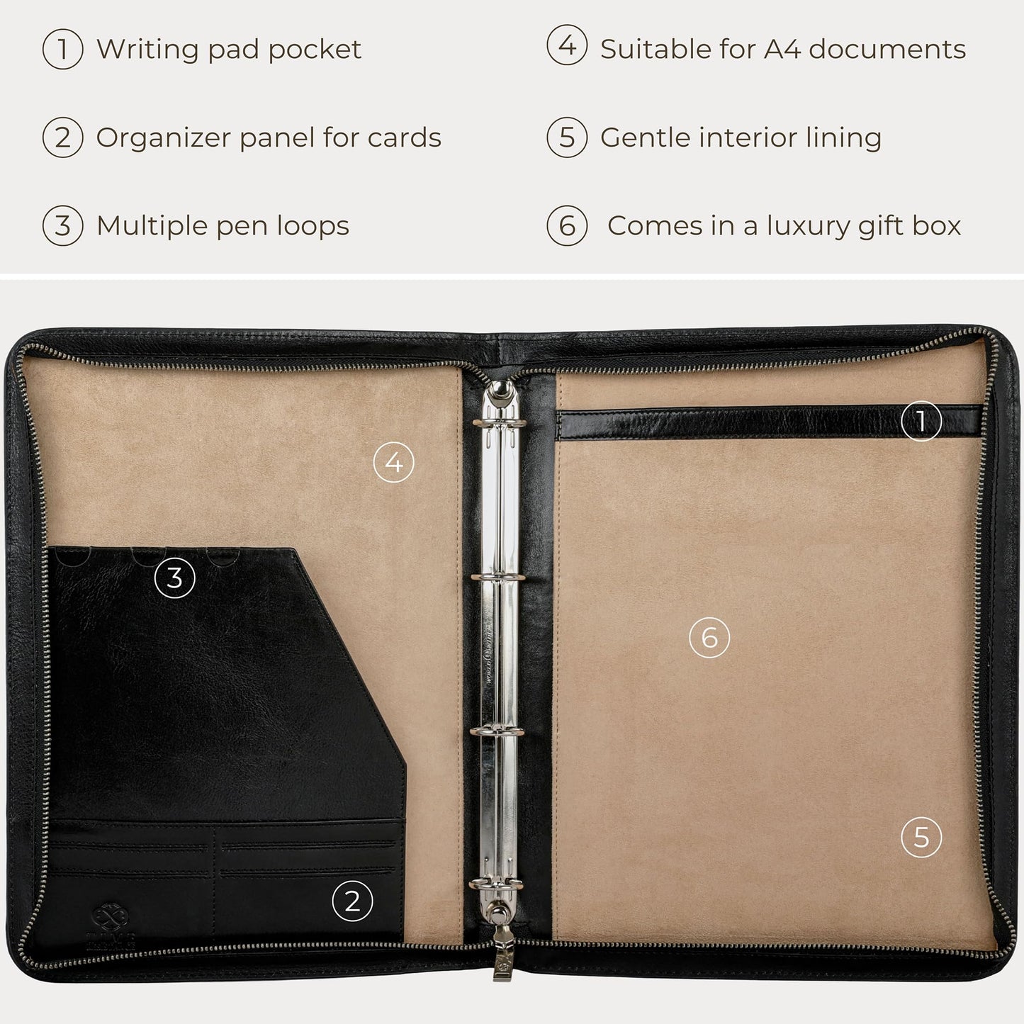 Time Resistance Leather Portfolio – Document Bag with Carry Handle – Tablet Size Case Made in Italy (Black)