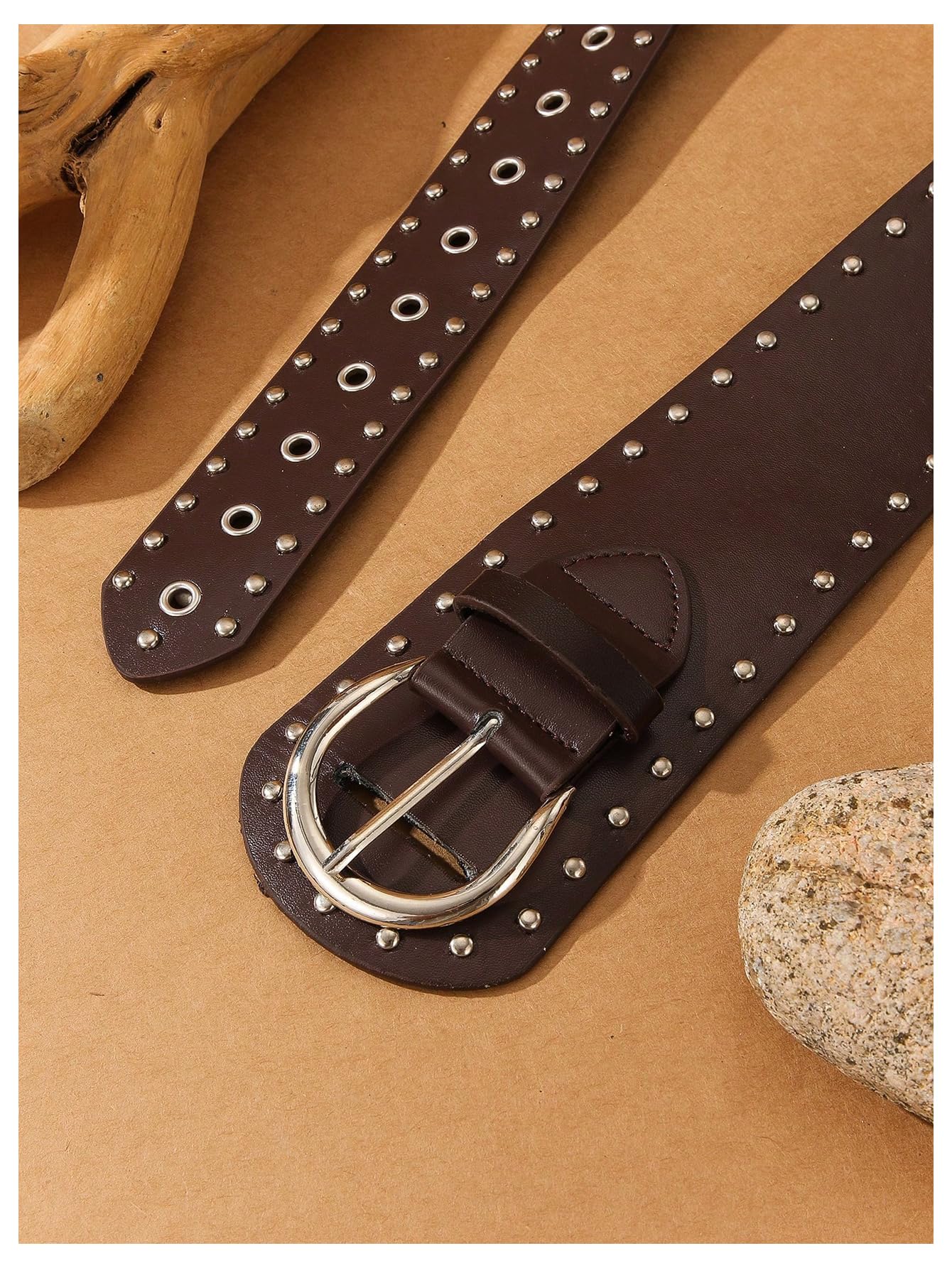 Verdusa Women's Studded Belts Y2k Belt Punk PU Leather Vintage Rave Western Cowgirl Belts Coffee One Size