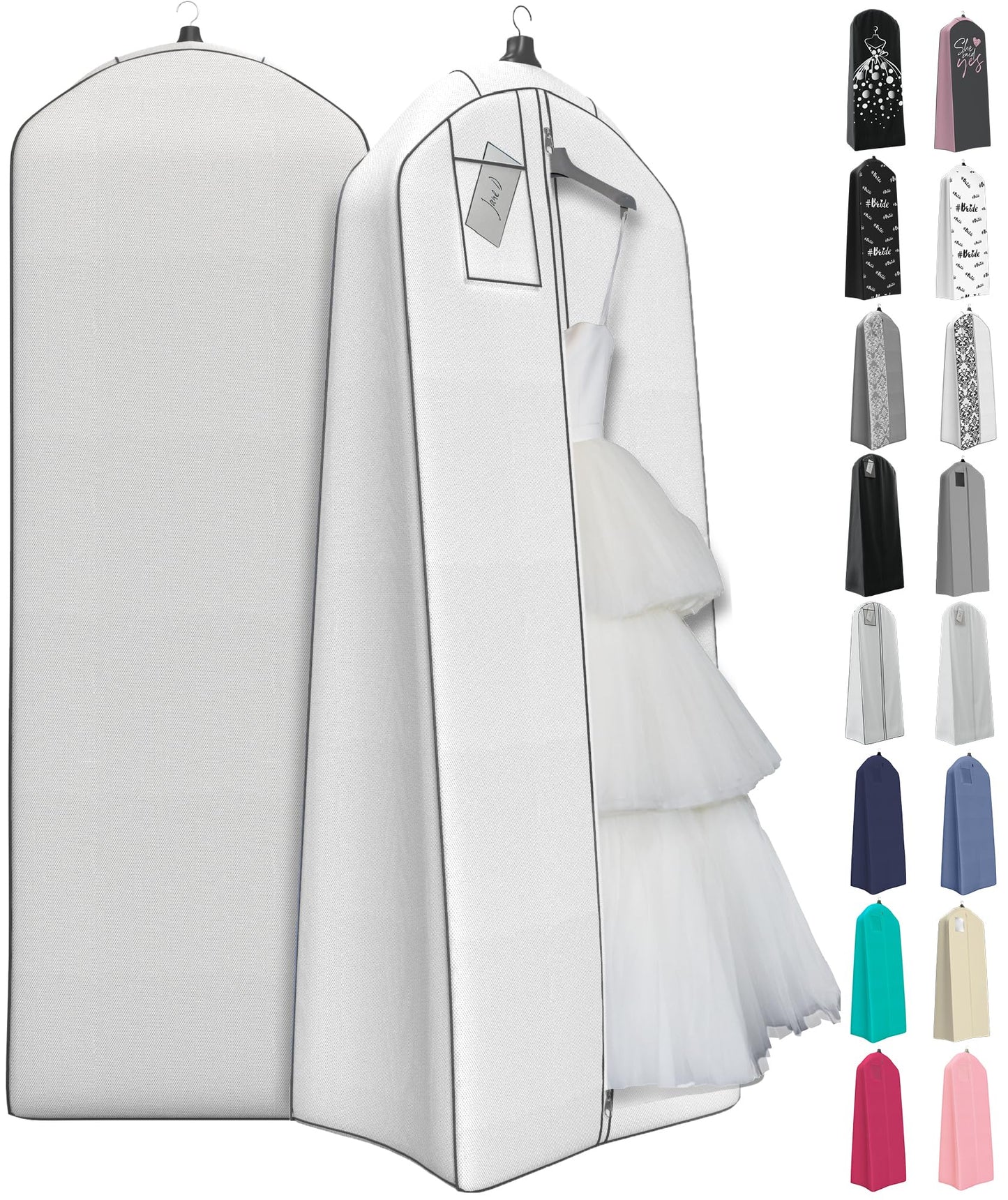 Your Bags 72” Wedding Dress Garment Bag with 20" Gusset & ID Window - Extra Large Bridal Garment Bags for Travel - Breathable, Foldable Dress Bag for Puffy Dresses, Prom & Formal Wear (White/Grey)
