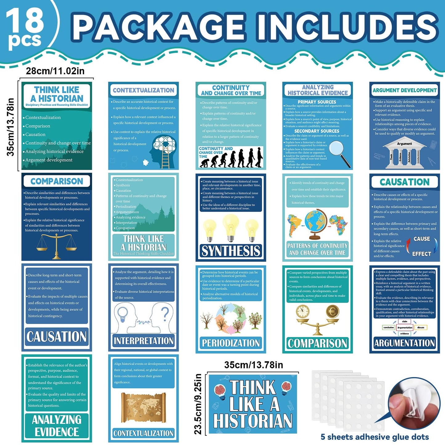 18 Pcs History Posters Classroom Decorations Social Studies Bulletin Board School Supplies Think Like A Historian Wall Art Prints for Middle School High School Office Home Classroom Supplies