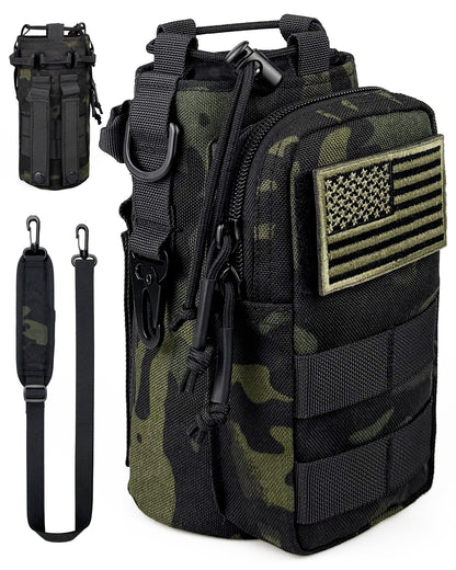 DEFUNX 32 Oz Water Bottle Holder with Strap Bottle Carrier Bag with Phone Pocket MOLLE System for Walking Black Camo
