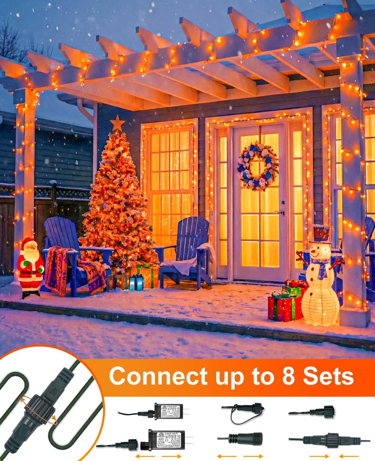 XmasBokeh 40FT 120 LED Christmas Lights Outdoor, Orange Christmas String Lights Waterproof, 8 Modes Connectable Christmas Tree Lights for Indoor Bedroom Xmas Tree Garden Holiday Decorations