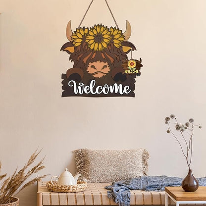 Highland Cow Front Door Decorations - Interchangeable Welcome Sign for Front Door with 15 Set Changeable Icons for Seasons Holiday Thanksgiving Christmas Door Decor