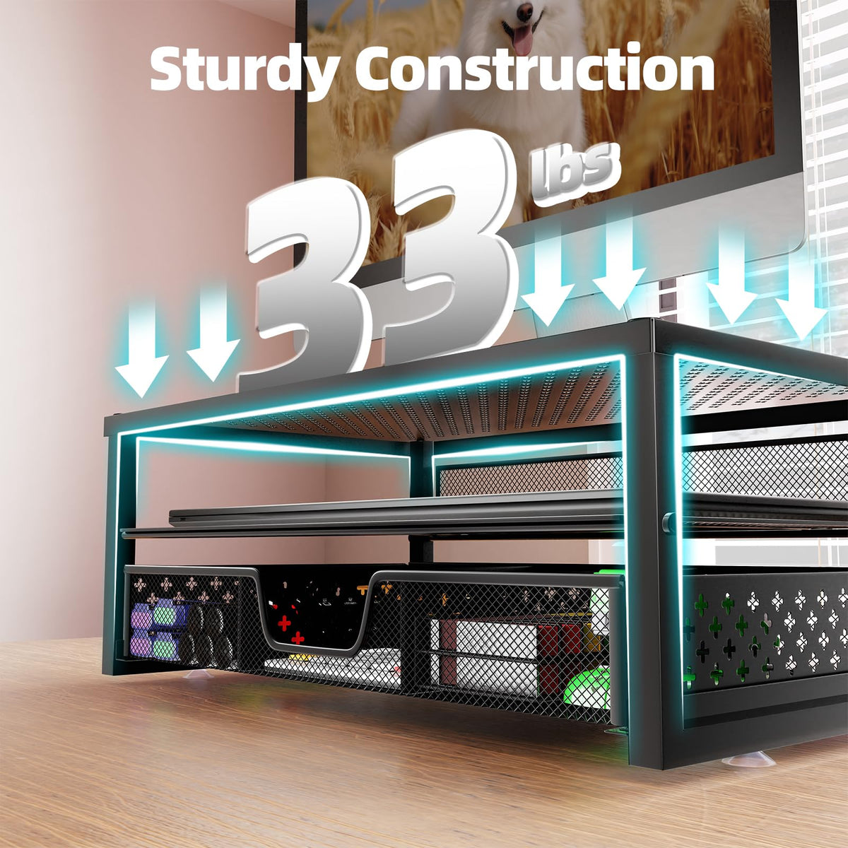 Simple Trending Metal Monitor Stand Riser and Computer Desk Organizer with Drawer for Laptop, Computer, iMac, Black