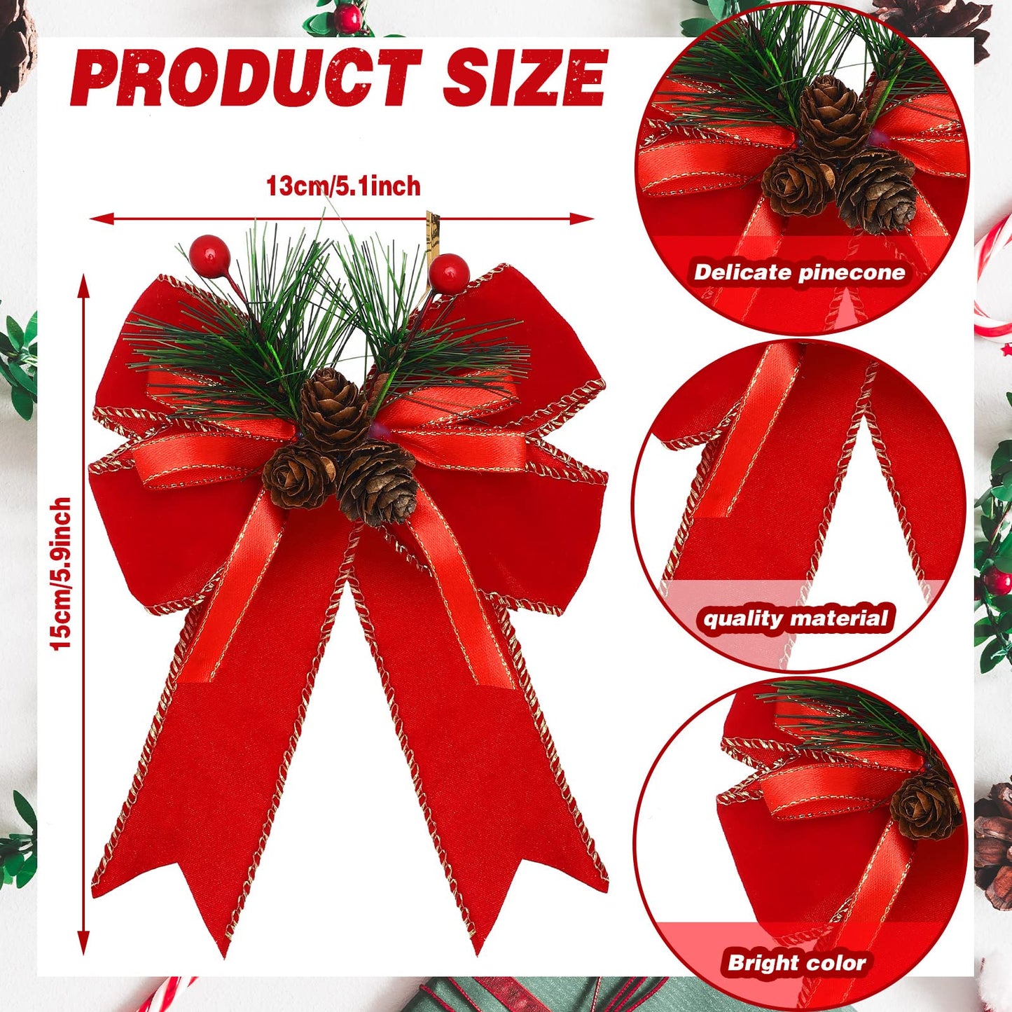 Syhood 6 Pcs Christmas Bows with Pine Cones Pine Needles Xmas Velvet Bows Red Ribbon Christmas Tree Wreath Decoration for Xmas Parties Indoor Outdoor Crafts DIY Decor