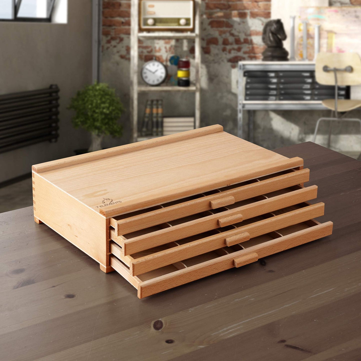 7 Elements 4 Drawer Wooden Artist Storage Supply Box for Pastels, Pencils, Pens, Markers, Brushes and Tools